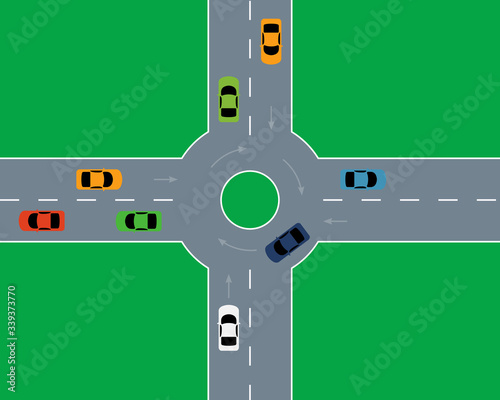 Aerial view of cartoon roundabout showing the movement of traffic, vector illustration