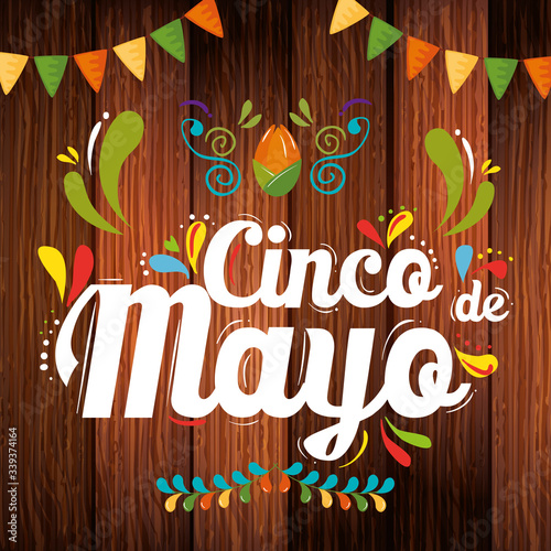 Mexican banner pennant over wood background design, Cinco de mayo mexico culture tourism landmark latin and party theme Vector illustration