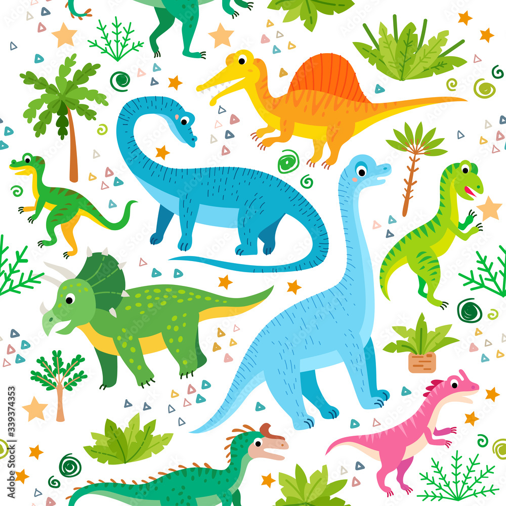 A Childish dinosaurs and tropical leaves pattern A Childish dinosaurs and tropical leaves pattern