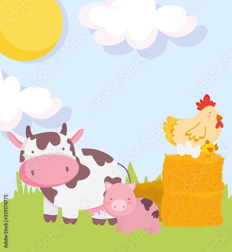 farm animals pig cow hen and eggs on hay cartoon