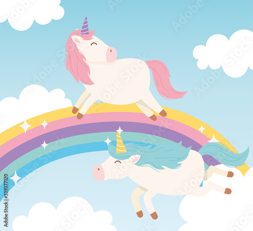 unicorns rainbow clouds imagination magical fantasy cartoon cute animal