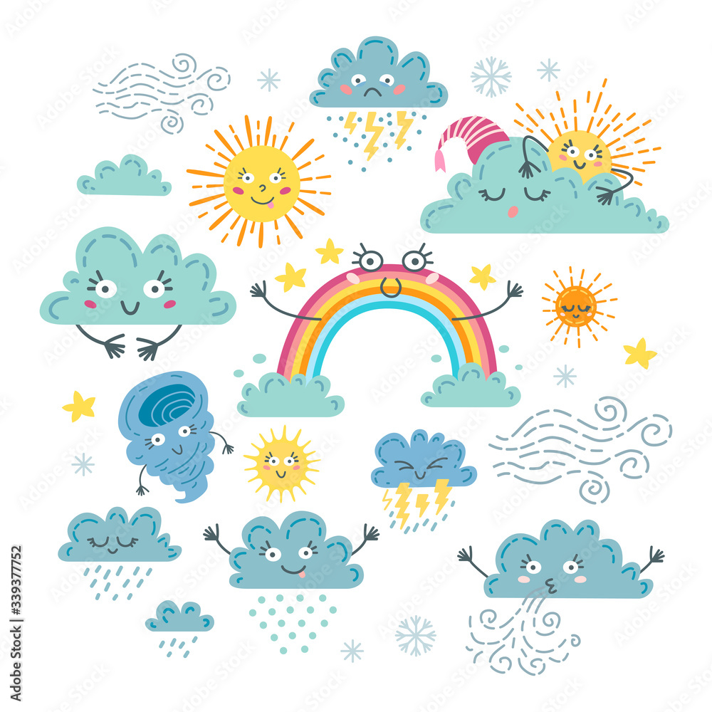 Cute weather set. A forecast meteorology symbols Cute weather set. A forecast meteorology symbols
