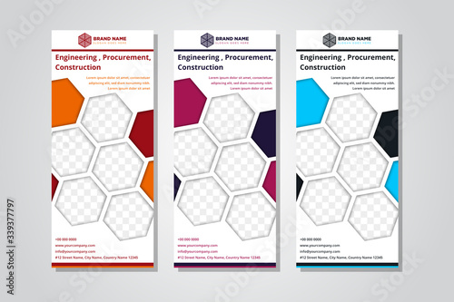 hexagon roll up business banner design vertical template vector, cover presentation abstract geometric background, modern publication display and flag banner, layout in rectangle, space photo collage