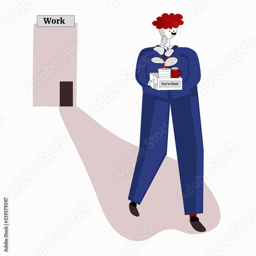 Boss fired employee dismissal of work, unemployment, jobless, crisis concept. Sad worker loses a job and stands with office box. Man discharged for bad work, last day at work.
