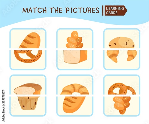 Matching children educational game. Match parts of bakery products. Activity for pre sсhool years kids and toddlers.