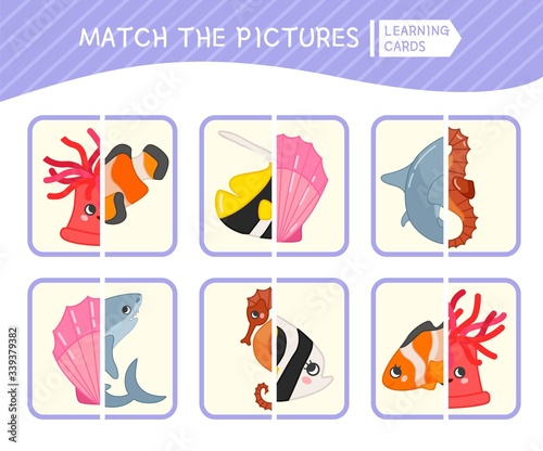 Matching children educational game. Match parts of sea animals. Activity for pre sсhool years kids and toddlers.