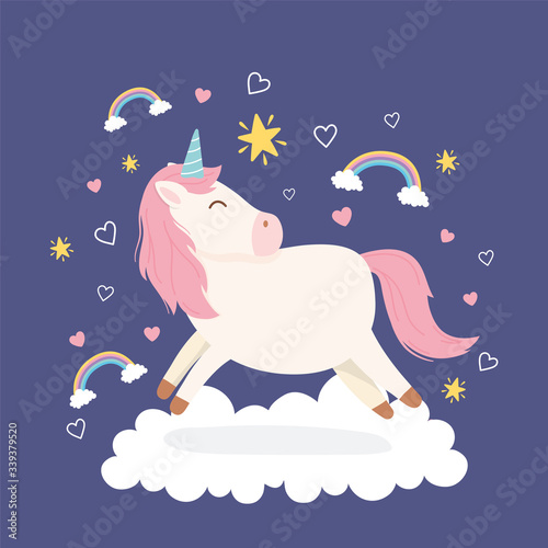 unicorn on cloud rainbows stars hearts magical fantasy cartoon cute animal