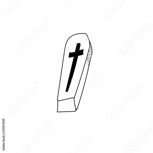 Coffin in cross style isolated on white background. Vector outline illustration. Death from a coronavirus. Funeral. Sign casket icon.