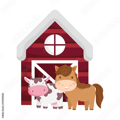 farm animals horse cow barn cartoon isolated icon on white background