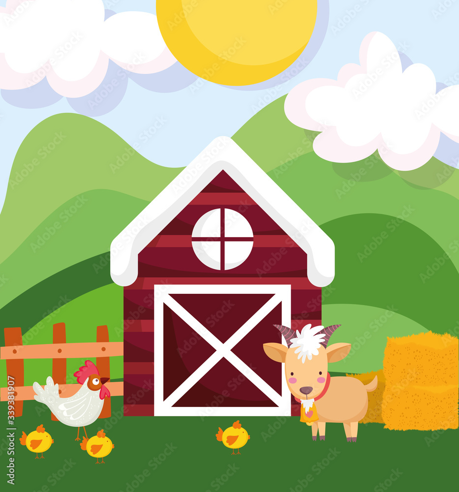 farm animals ram rooster and chickens barn fence hay cartoon farm animals ram rooster and chickens barn fence hay cartoon