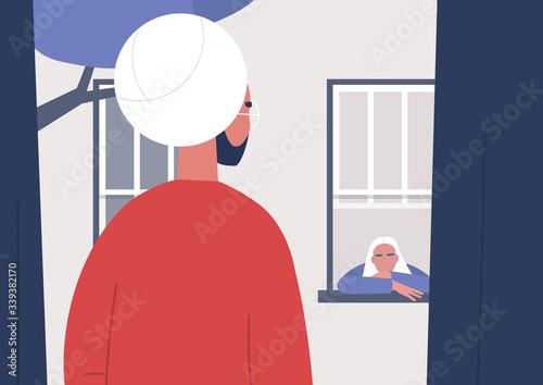 Stay at home order, two neighbours looking at each other through the window, boredom