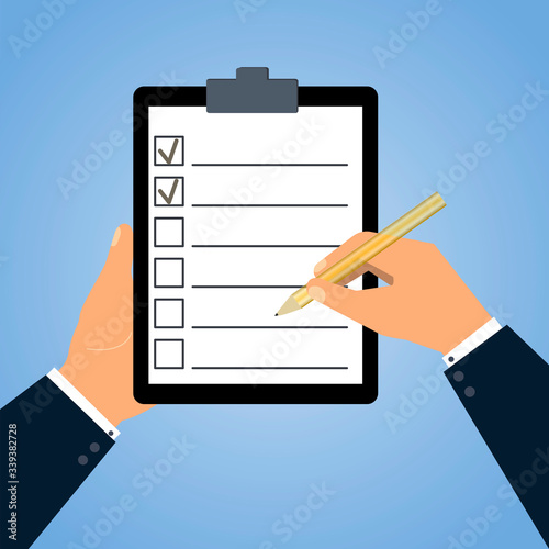 A bill in the hands with empty lines filled by a pencil. Vector illustration.