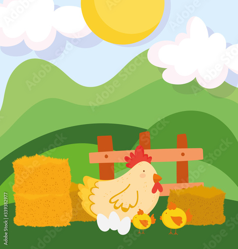 farm animals hen chicken eggs wooden fence hills cartoon