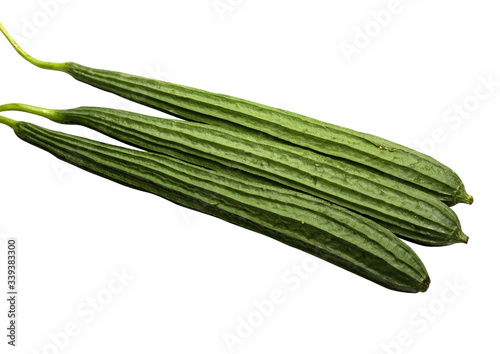 freshness three green angled loofah or aculangula vegetable long size shape. Isolated on white background with clipping path. photo