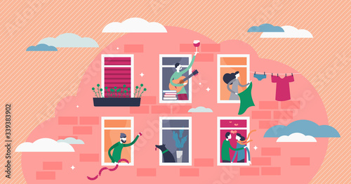 Stay home vector illustration. Apartment windows view tiny persons concept.