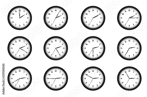Wall clock twelve pieces with different positions of the hands on the dial. Time from two hours to three hours. Vector illustration.