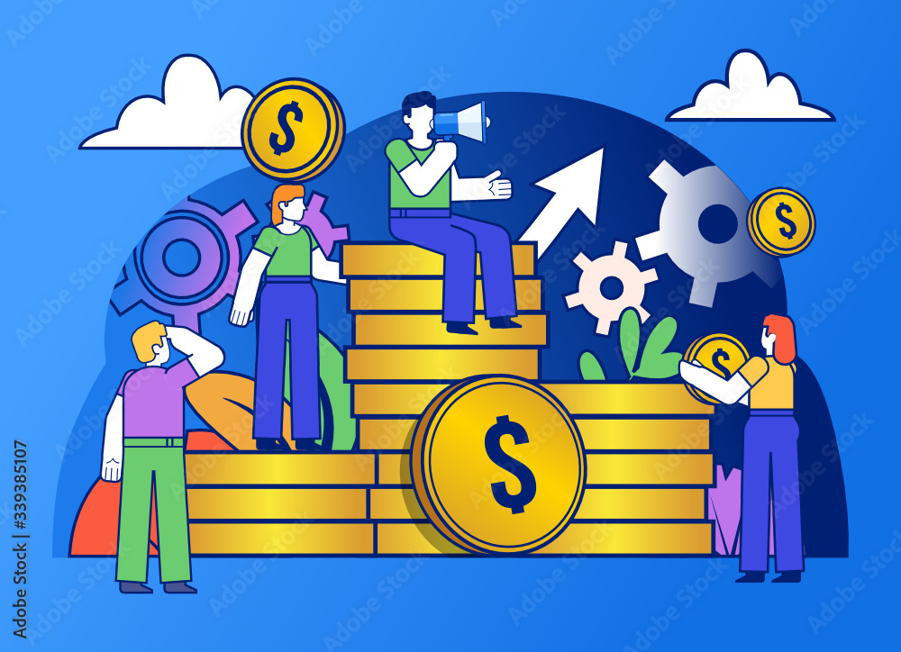 Income or savings growth, financial success. Group of people, team stand near big stack of coins. Poster for social media, web page, banner, presentation. Flat design vector illustration