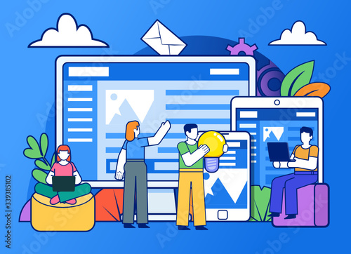 Webiste or web app creation process. Group of people stand near big screen, tablet. Poster for social media, web page, banner, presentation. Flat design vector illustration