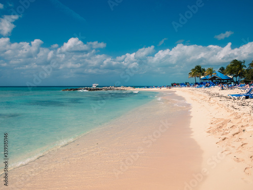 View on the Princess Cays sand beach at sunny weather near water