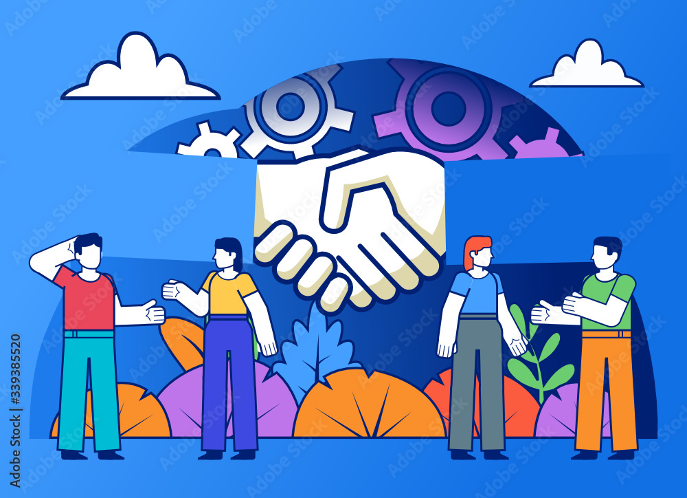 Naklejka premium Successful business deal, agreement. Group of people stand near big hands handshake. Poster for social media, web page, banner, presentation. Flat design vector illustration