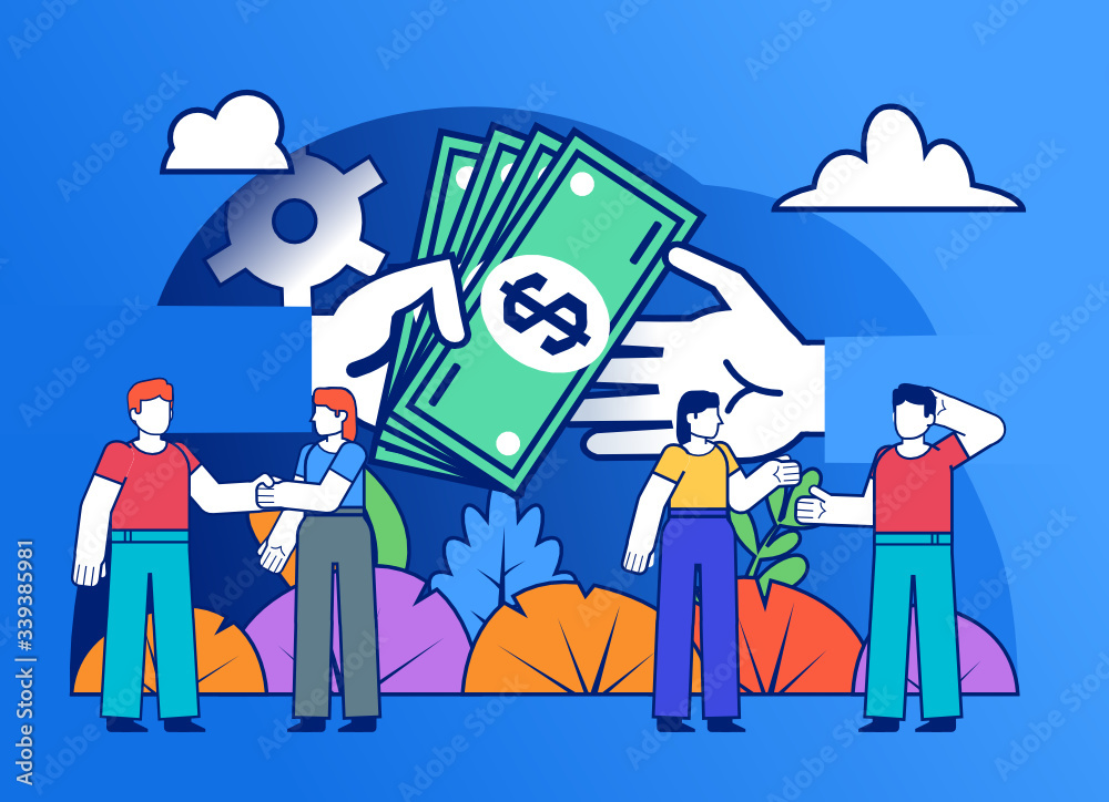 Obraz premium Business deal, agreement. Pay money, bribe or gift of money concept. Poster for social media, web page, banner, presentation. Flat design vector illustration