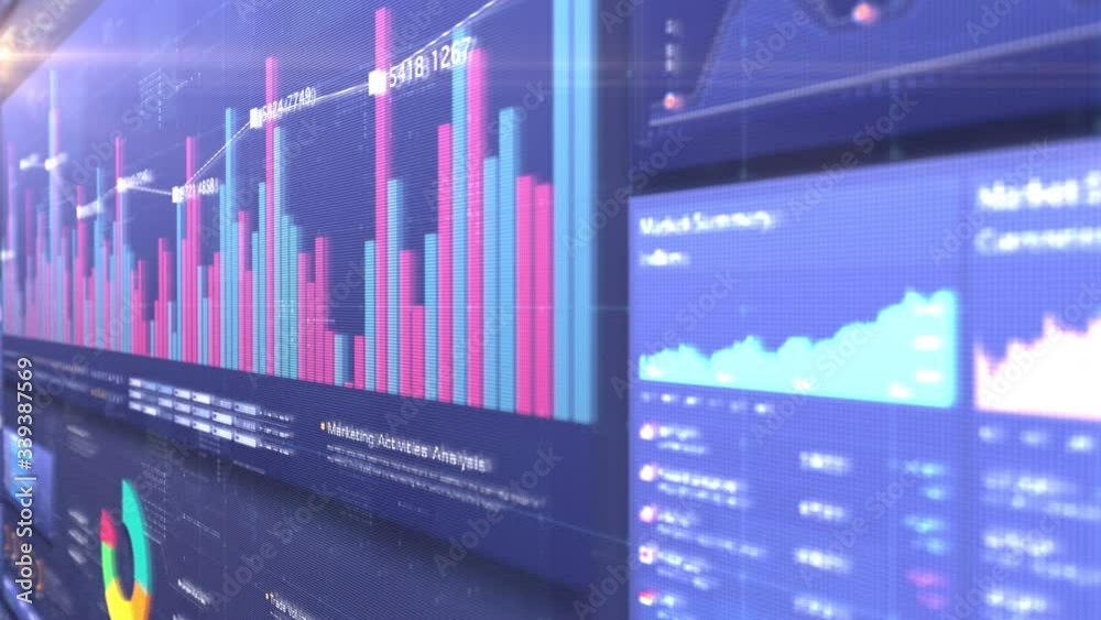 Business stock market, trading, info graphic with animated graphs, charts and data numbers insight analysis to be shown on monitor display screen for business meeting mock up theme
