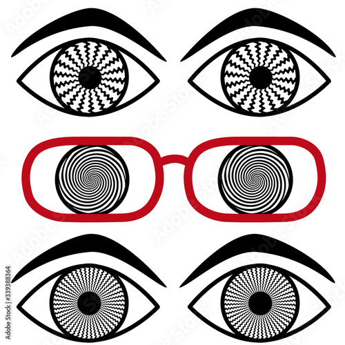 Migraine Headache, Stress, Strain, Eyeglasses, eyes, concept for headache, migraine, eyestrain, stress, visual confusion, optical illusions. 