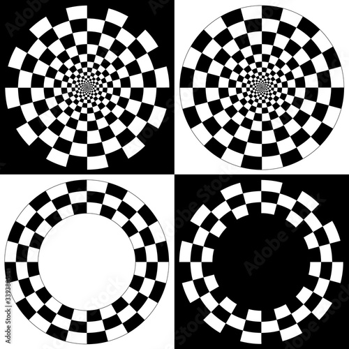 Spiral Checkerboards, Four black and white checkerboard, dartboard abstract spiral design patterns and frames with copy space. 