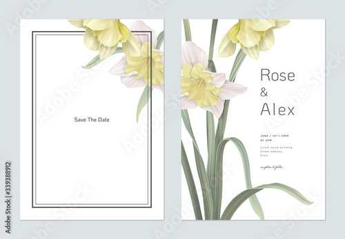 Floral wedding invitation card template design, daffodil flowers with leaves on white