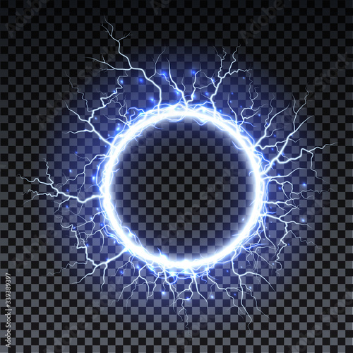 Lightning strikes and sparks, electrical energy on transparent background. Lightning flash and spark. Vector neural cells system.