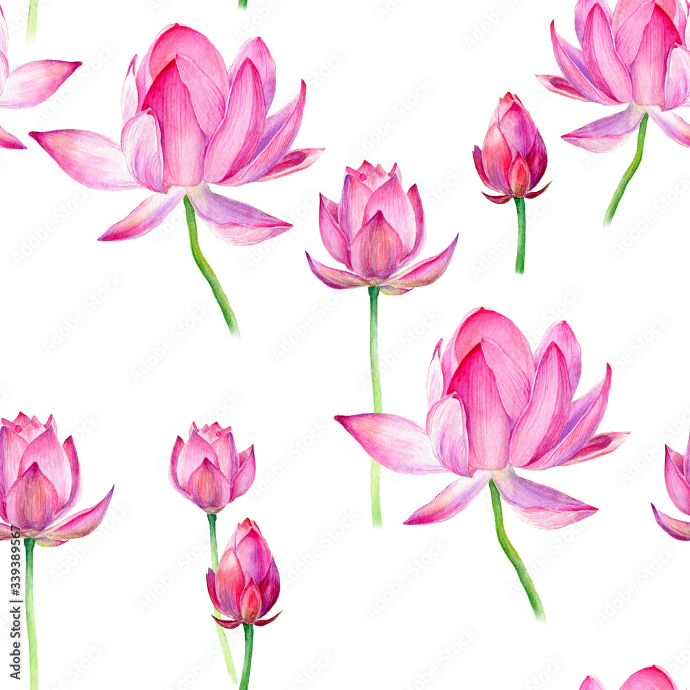 Fototapeta premium Lotus watercolor seamless pattern. Beautiful hand drawn texture.
