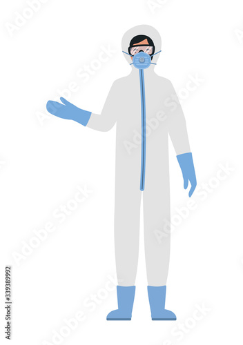 Doctor with protective suit glasses and mask against Covid 19 vector design