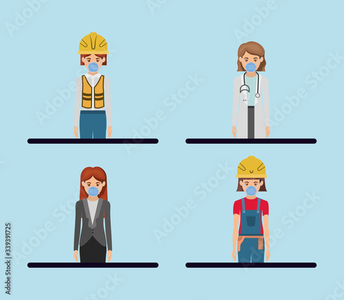 Women workers with masks against 2019 ncov virus vector design