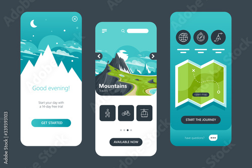 UI, UX, GUI wireframe set collection of travels app interface.