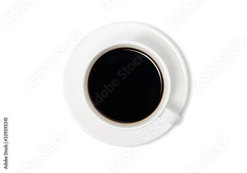 Top view from above of Hot fresh black coffee in a white cup with white plate isolated on white background with clipping path. Flat lay