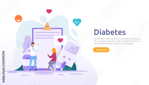 Diabetes mellitus monitoring concept. sugar level blood measures with glucose testing meter. insulin injection treatment and diet control therapy. illustration template for web landing page