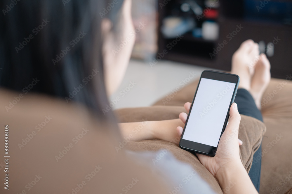 Asian women  using smartphone in stay at home comcept for protect COVID-19