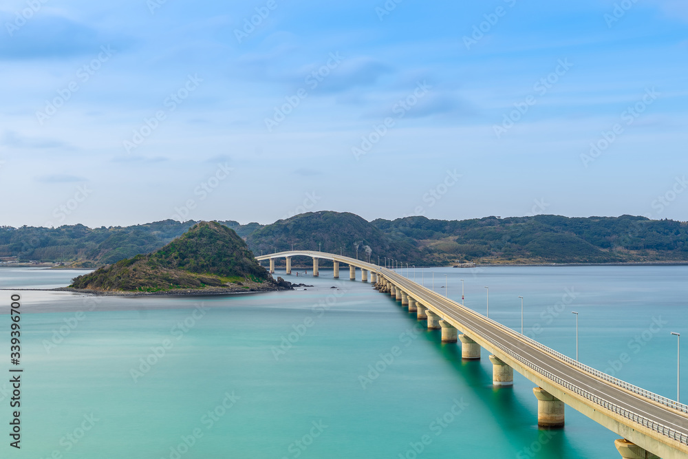 Perspective view of Tsunoshima Ohashi Bridge in Shimonoseki with a long exposure. The bridge located off the northwest coast of Yamaguchi Prefecture by the Sea of Japan.