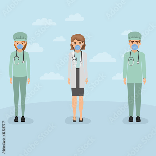 Women and man doctors with masks and uniforms against 2019 ncov virus vector design