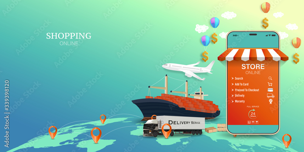 Online delivery service concept, online mobile order tracking,Delivery home and office. City logistics. Warehouse, truck, forklift, courier. vector illustration.
