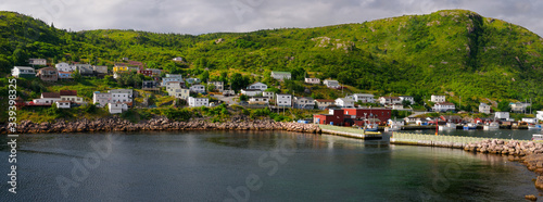 Panorama of Petty Harbour-Maddox Cove houses on hillside Avalon Peninsula Newfoundland
