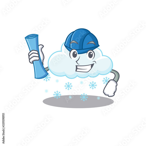 Cartoon character of snowy cloud brainy Architect with blue prints and blue helmet
