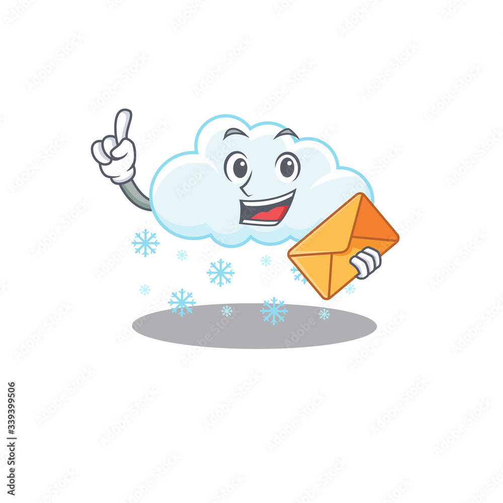 Happy snowy cloud mascot design concept with brown envelope