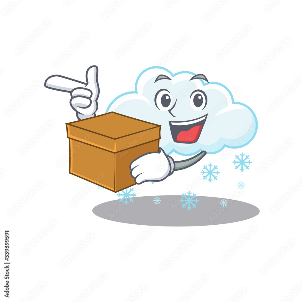 An picture of snowy cloud cartoon design concept holding a box An picture of snowy cloud cartoon design concept holding a box
