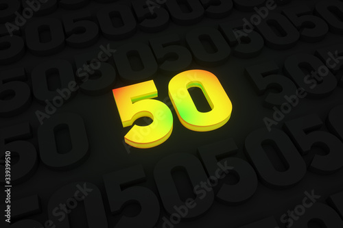 3d render. Stylish volumetric digit 50 megabytes in a gradient, on a black patterned background. Concept: internet, communication, technology, digital, speed