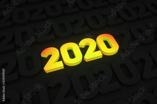 3d render. Colored gradient numbers 2020 new year on a black stylish trendy background. Concept: future, new, technology, realism, world