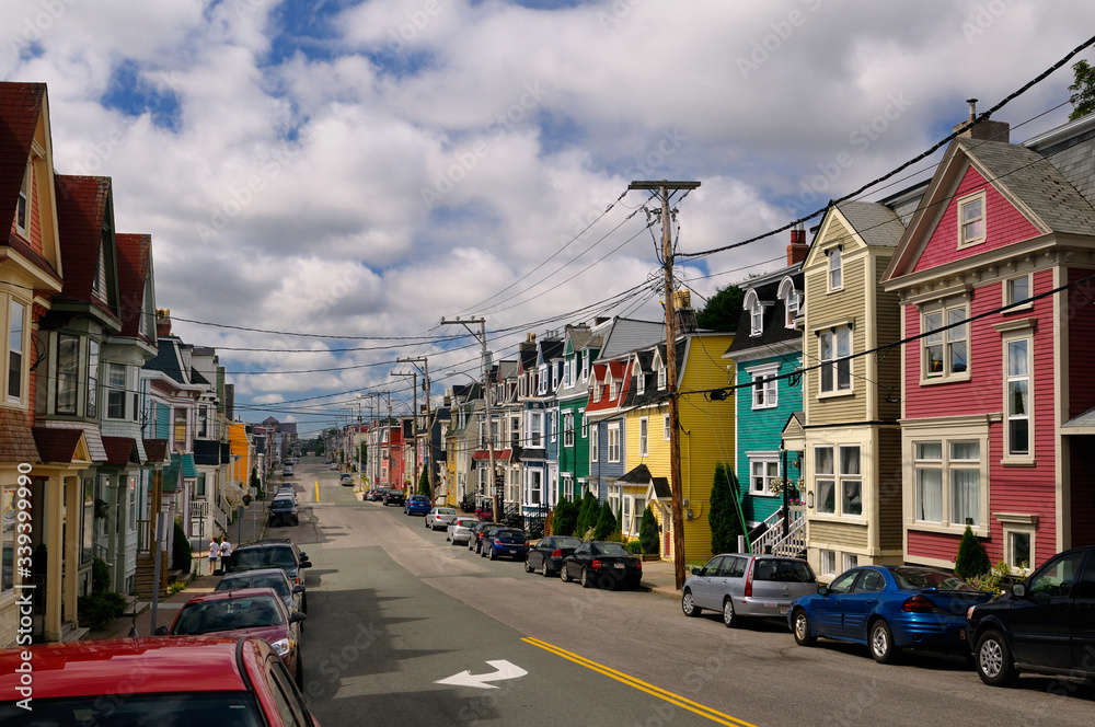 Colorful clapboard houses on Gower Street in downtown St. John`s Newfoundland