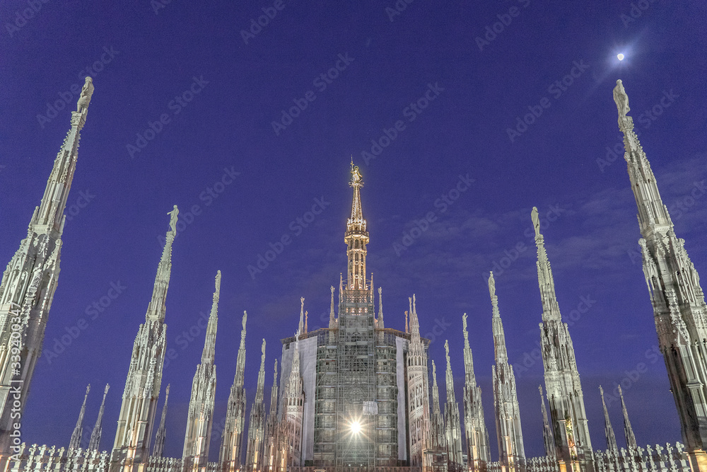 The view of Duomo di Milano from balcony in night time. The view of Duomo di Milano from balcony in night time.