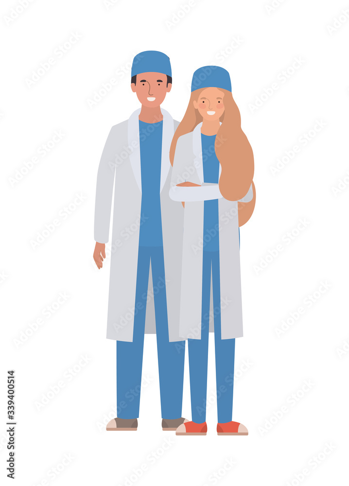 Man and woman doctor with uniforms and hats vector design Man and woman doctor with uniforms and hats vector design