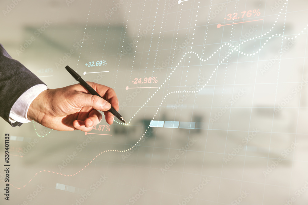 Fototapeta premium Man hand with pen working with abstract virtual analytics data spreadsheet on blurred office background, analytics and analysis concept. Multiexposure